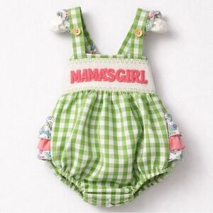 Boutique Green and white Gingham check smocked Mama’s Girl ruffle bubble romper